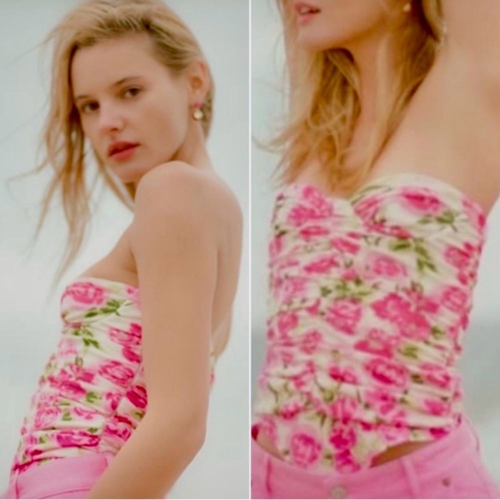 NEW ZARA Draped Ruched Floral Rose Strapless Bodysuit Pink Green White Size S - Picture 4 of 16